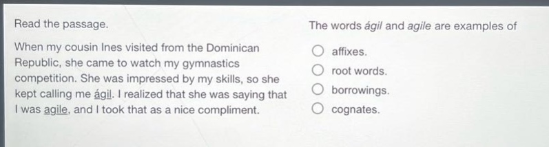 read the passage. when my cousin ines visited from the dominican republic, she came to watch my gymnastics competition. she was impressed by my skills, so she kept calling me ágil. i realized that she was saying that i was agile, and i took that as a nice compliment. the words ágil and agile are examples of affixes. root words. borrowings. cognates.