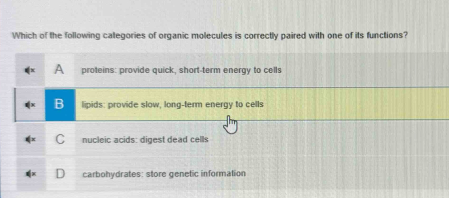 which of the following categories of organic molecules is correctly paired with one of its functions? a proteins: provide quick, short - term energy to cells b lipids: provide slow, long - term energy to cells c nucleic acids: digest dead cells d carbohydrates: store genetic information