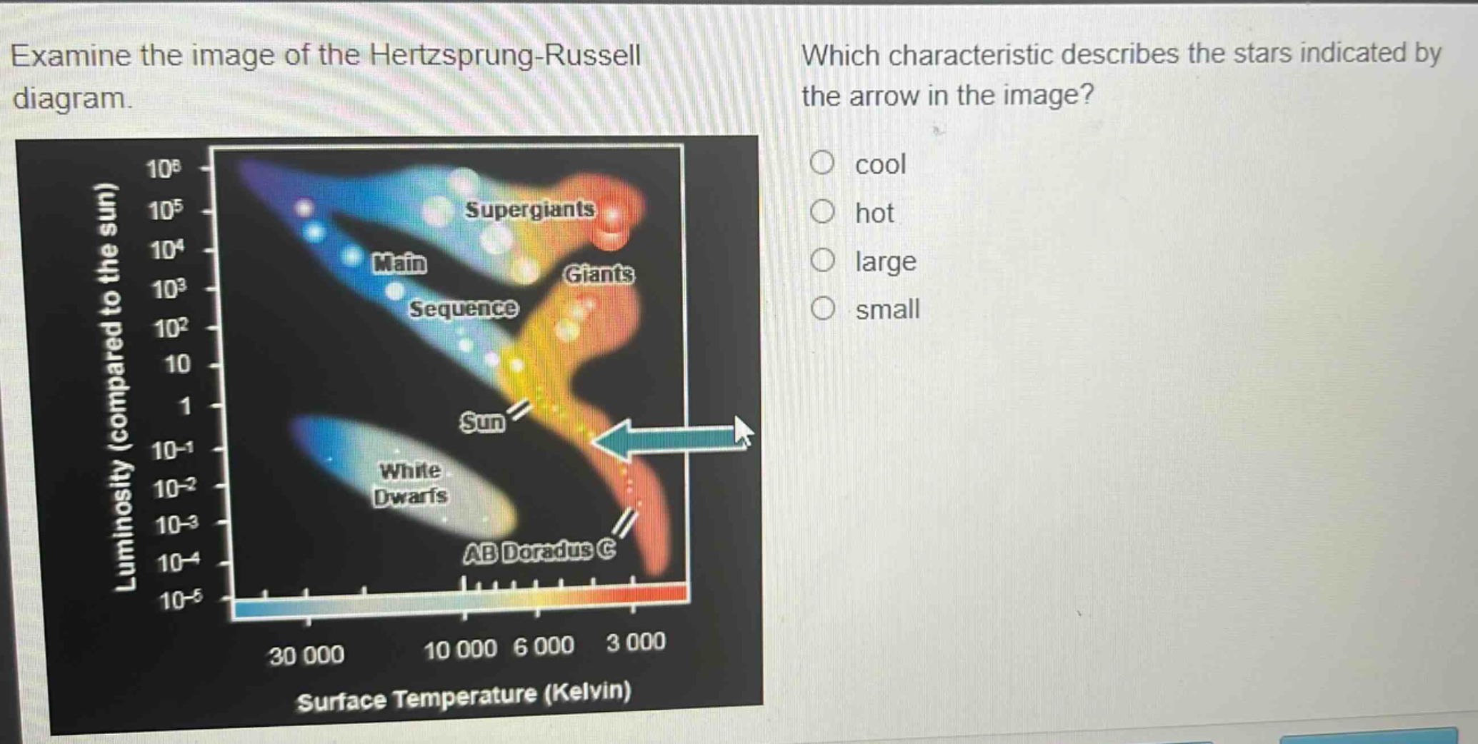 examine the image of the hertzsprung - russell diagram. which characteristic describes the stars indicated by the arrow in the image? cool hot large small