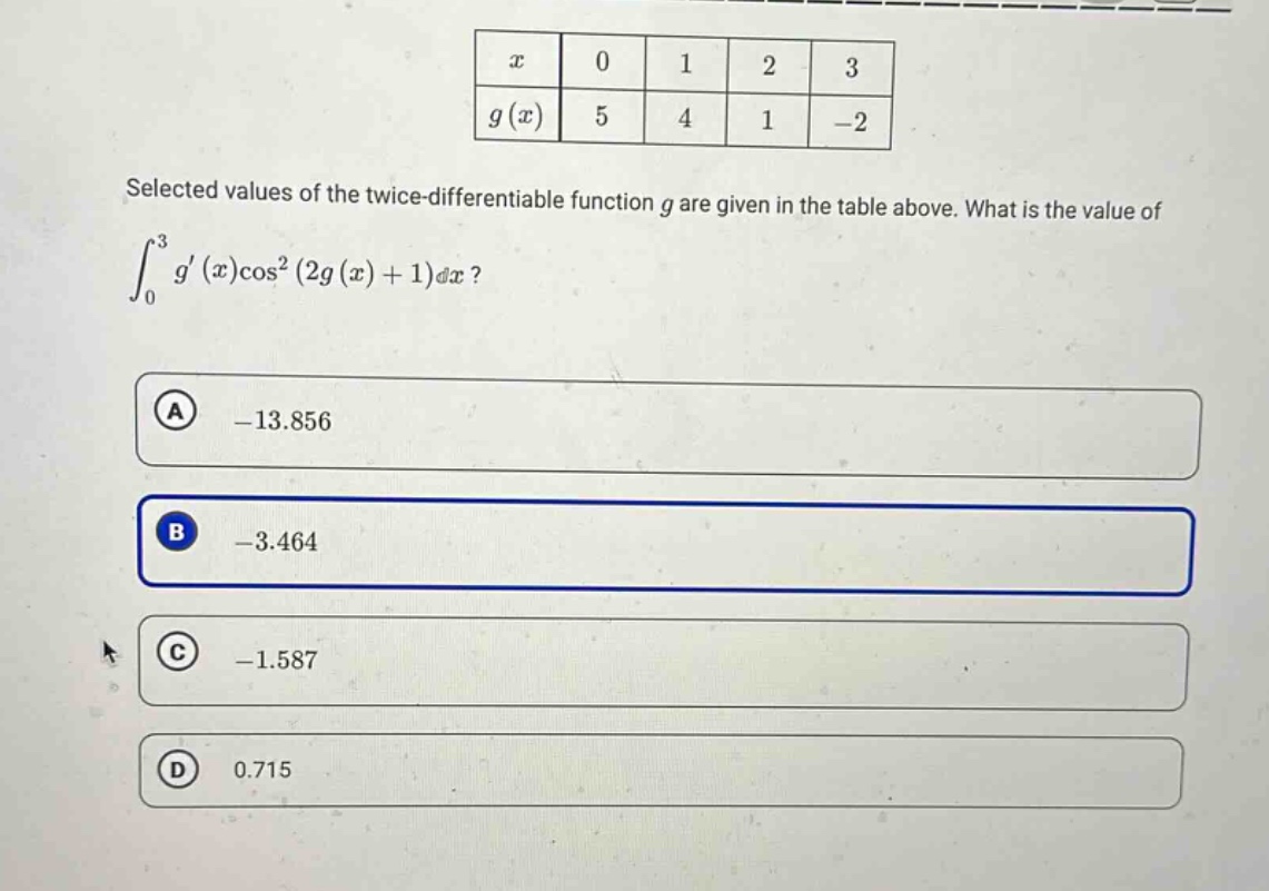 selected values of the twice - differentiable function g are given in the table above. what is the value of ∫₀³ g′(x)cos²(2g(x)+1)dx? a -13.856 b -3.464 c -1.587 d 0.715