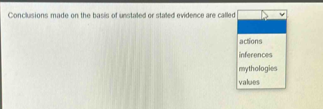 conclusions made on the basis of unstated or stated evidence are called actions inferences mythologies values