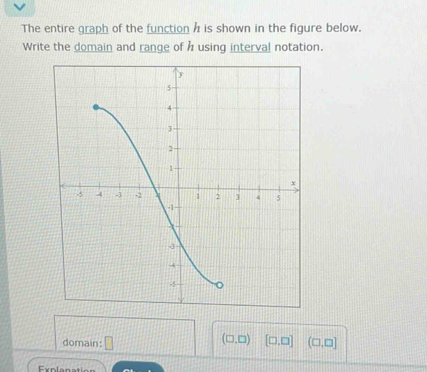 the entire graph of the function h is shown in the figure below. write the domain and range of h using interval notation.