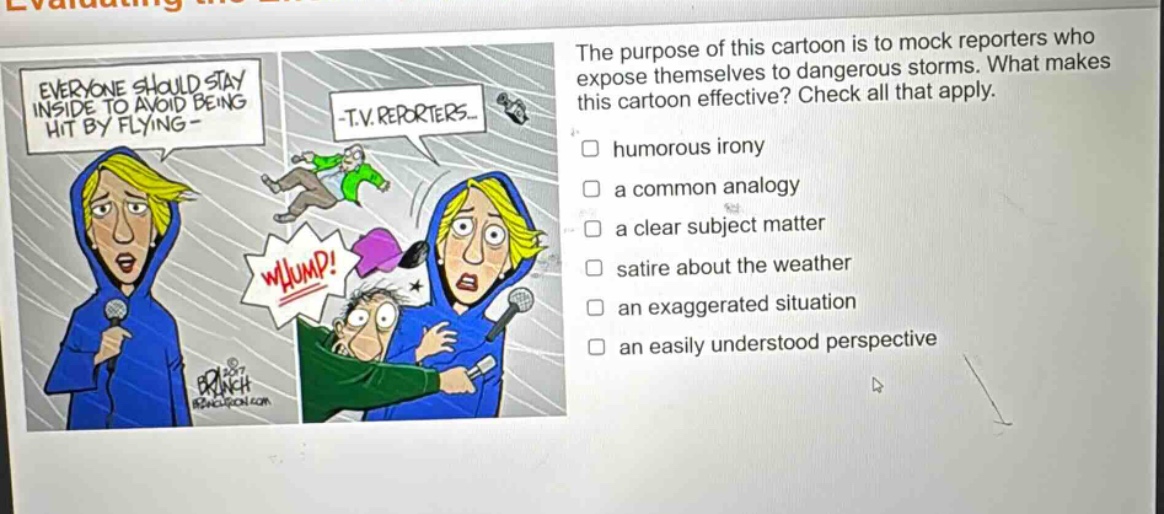 the purpose of this cartoon is to mock reporters who expose themselves to dangerous storms. what makes this cartoon effective? check all that apply. humorous irony a common analogy a clear subject matter satire about the weather an exaggerated situation an easily understood perspective
