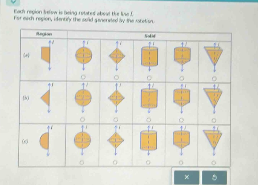 each region below is being rotated about the line l. for each region, identify the solid generated by the rotation.