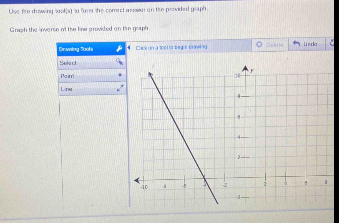 use the drawing tool(s) to form the correct answer on the provided graph. graph the inverse of the line provided on the graph.