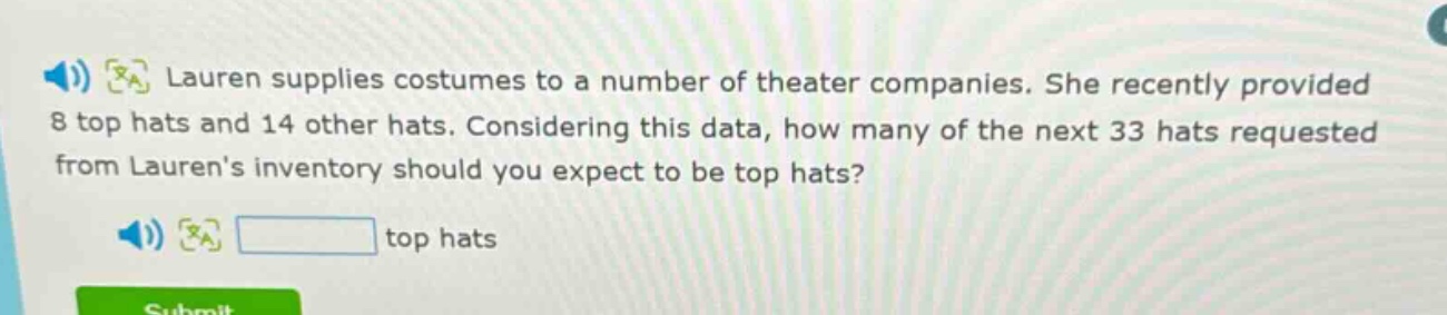 lauren supplies costumes to a number of theater companies. she recently provided 8 top hats and 14 other hats. considering this data, how many of the next 33 hats requested from laurens inventory should you expect to be top hats? top hats