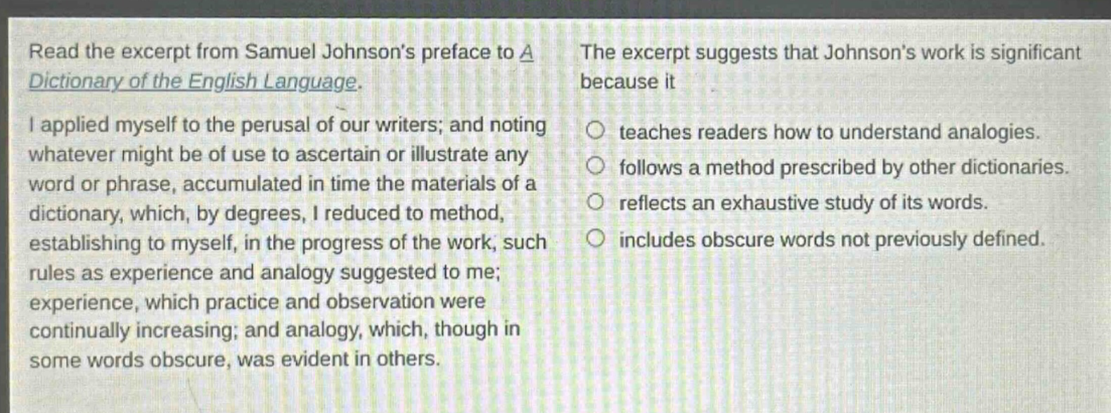 read the excerpt from samuel johnsons preface to a dictionary of the english language. i applied myself to the perusal of our writers; and noting whatever might be of use to ascertain or illustrate any word or phrase, accumulated in time the materials of a dictionary, which, by degrees, i reduced to method, establishing to myself, in the progress of the work, such rules as experience and analogy suggested to me; experience, which practice and observation were continually increasing; and analogy, which, though in some words obscure, was evident in others. the excerpt suggests that johnsons work is significant because it teaches readers how to understand analogies. follows a method prescribed by other dictionaries. reflects an exhaustive study of its words. includes obscure words not previously defined.