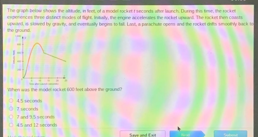 the graph below shows the altitude, in feet, of a model rocket t seconds after launch. during this time, the rocket experiences three distinct modes of flight. initially, the engine accelerates the rocket upward. the rocket then coasts upward, is slowed by gravity, and eventually begins to fall. last, a parachute opens and the rocket drifts smoothly back to the ground. when was the model rocket 600 feet above the ground? 4.5 seconds 7 seconds 7 and 9.5 seconds 4.5 and 12 seconds save and exit next submit