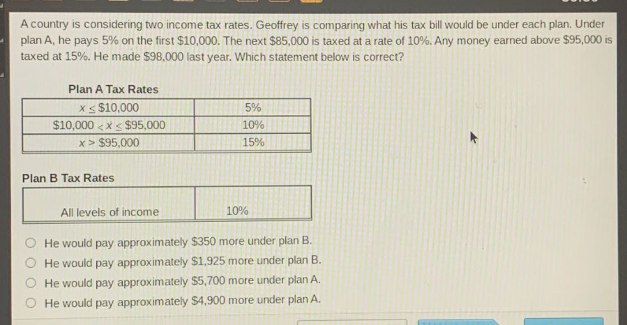 a country is considering two income tax rates. geoffrey is comparing what his tax bill would be under each plan. under plan a, he pays 5% on the first $10,000. the next $85,000 is taxed at a rate of 10%. any money earned above $95,000 is taxed at 15%. he made $98,000 last year. which statement below is correct? plan a tax rates x ≤ $10,000 5% $10,000 < x ≤ $95,000 10% x > $95,000 15% plan b tax rates all levels of income 10% he would pay approximately $350 more under plan b. he would pay approximately $1,925 more under plan b. he would pay approximately $5,700 more under plan a. he would pay approximately $4,900 more under plan a.