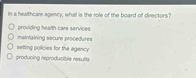in a healthcare agency, what is the role of the board of directors? providing health care services maintaining secure procedures setting policies for the agency producing reproducible results