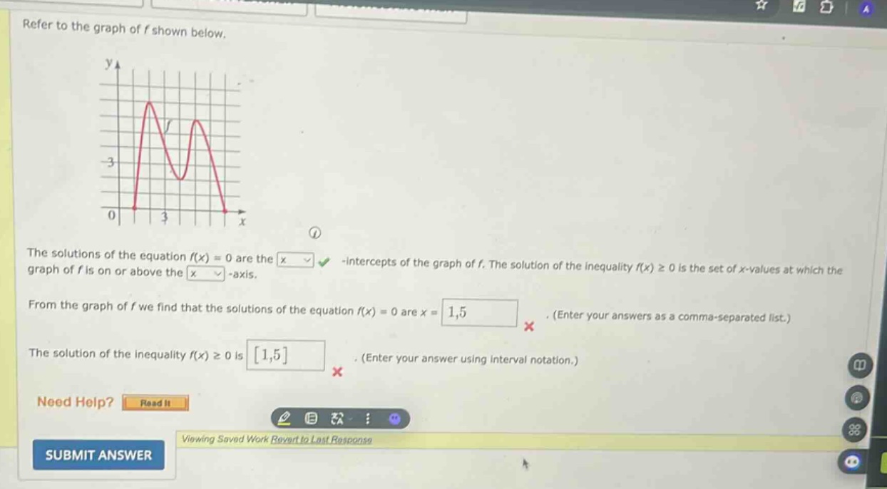 refer to the graph of f shown below. the solutions of the equation f(x) = 0 are the -intercepts of the graph of f. the solution of the inequality f(x) ≥ 0 is the set of x - values at which the graph of f is on or above the -axis. from the graph of f we find that the solutions of the equation f(x) = 0 are x = 1,5. (enter your answers as a comma - separated list.) the solution of the inequality f(x) ≥ 0 is 1,5. (enter your answer using interval notation.) need help? read it submit answer viewing saved work revert to last response