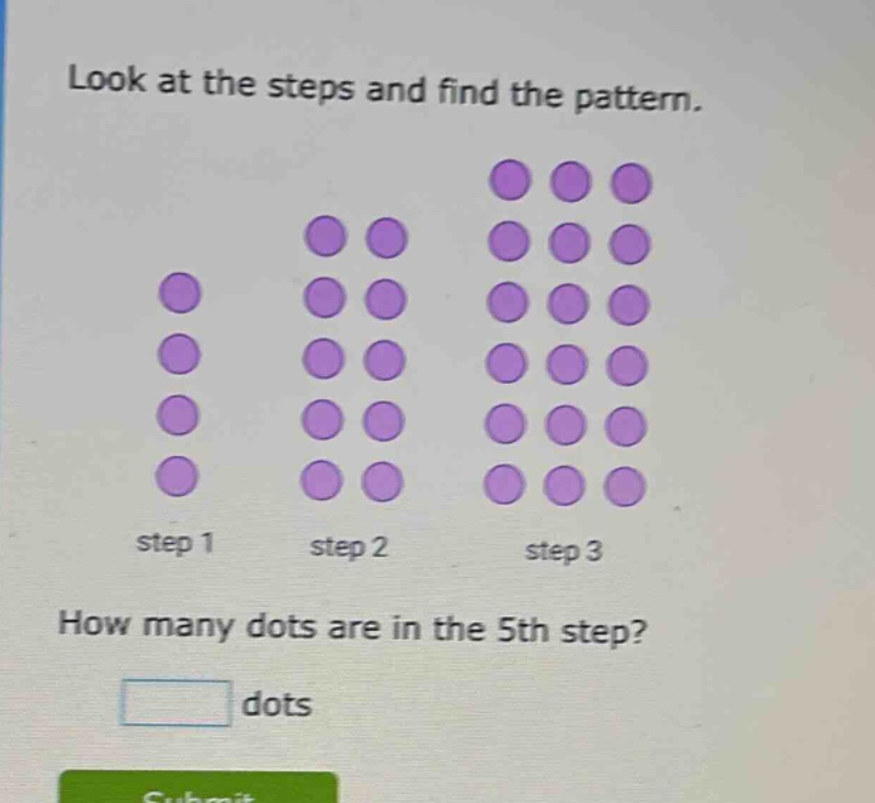 look at the steps and find the pattern. step 1 step 2 step 3 how many dots are in the 5th step? dots