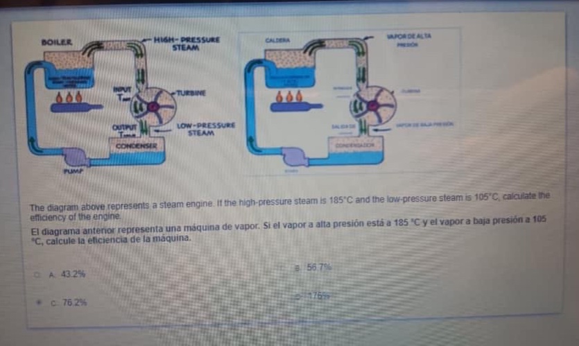 the diagram above represents a steam engine. if the high - pressure steam is 185°c and the low - pressure steam is 105°c, calculate the efficiency of the engine. el diagrama anterior representa una máquina de vapor. si el vapor a alta presión está a 185 °c y el vapor a baja presión a 105 °c, calcule la eficiencia de la máquina. a 43.2% b 56.7% c 76.2% d 176%