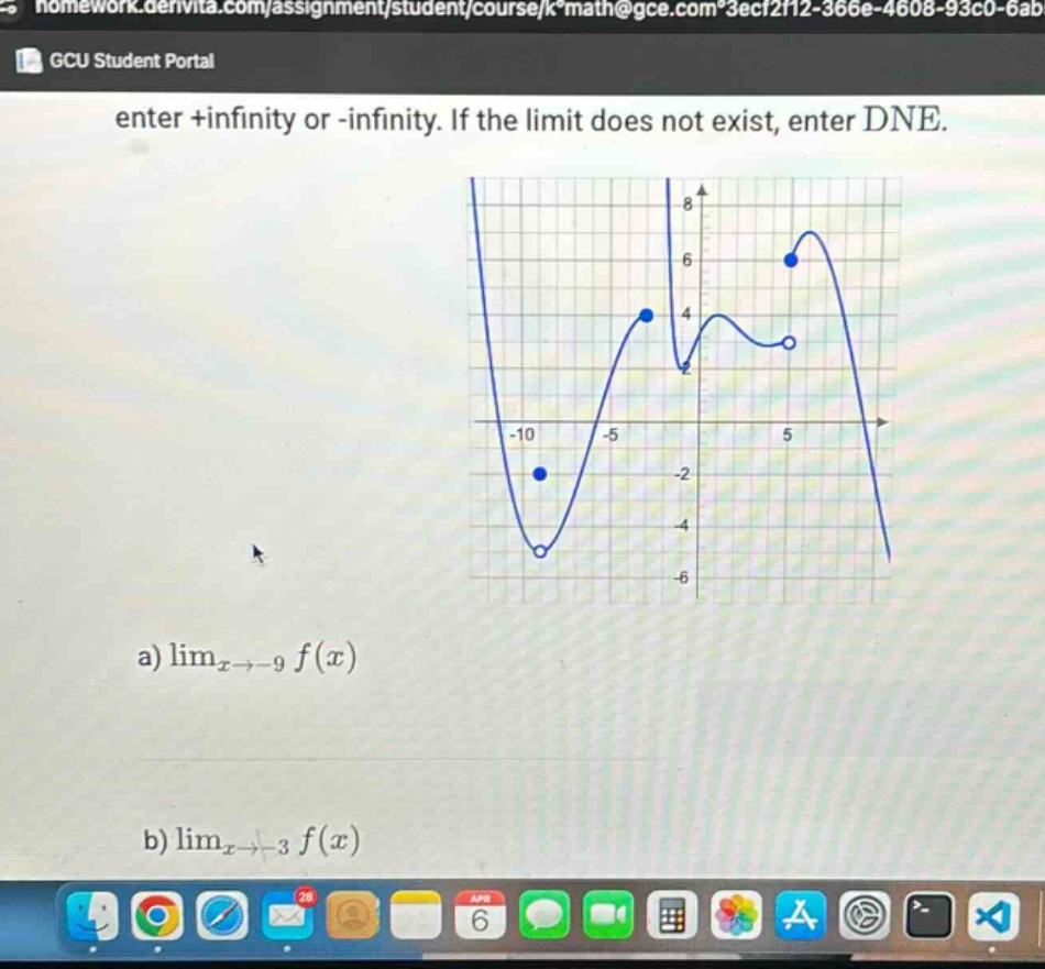 enter +infinity or -infinity. if the limit does not exist, enter dne. a) lim_{x-> - 9}f(x) b) lim_{x-> - 3}f(x)