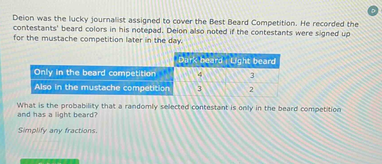 deion was the lucky journalist assigned to cover the best beard competition. he recorded the contestants beard colors in his notepad. deion also noted if the contestants were signed up for the mustache competition later in the day. what is the probability that a randomly selected contestant is only in the beard competition and has a light beard? simplify any fractions.