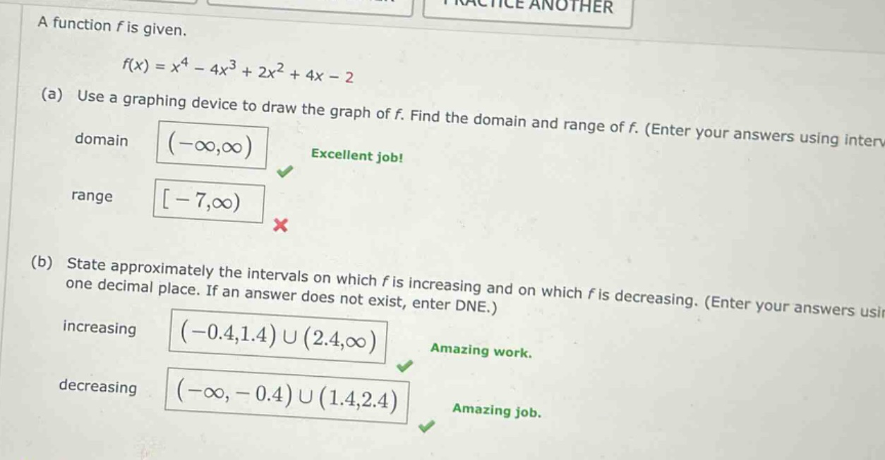 a function f is given. f(x)=x^4 - 4x^3 + 2x^2 + 4x - 2 (a) use a graphing device to draw the graph of f. find the domain and range of f. (enter your answers using interval notation.) domain (-∞,∞) excellent job! range -7,∞) (b) state approximately the intervals on which f is increasing and on which f is decreasing. (enter your answers using interval notation and round to one decimal place. if an answer does not exist, enter dne.) increasing (-0.4,1.4)∪(2.4,∞) amazing work. decreasing (-∞,-0.4)∪(1.4,2.4) amazing job.