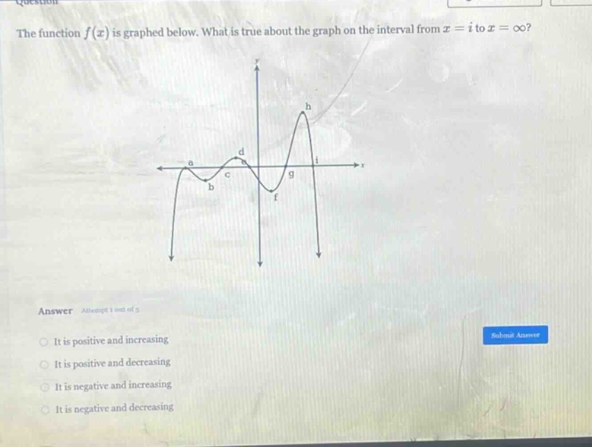 the function f(x) is graphed below. what is true about the graph on the interval from x = i to x = ∞? answer it is positive and increasing it is positive and decreasing it is negative and increasing it is negative and decreasing
