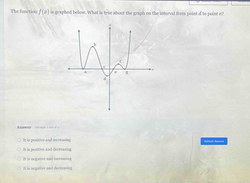 the function f(x) is graphed below. what is true about the graph on the interval from point d to point e? answer attempt 1 out of 5 it is positive and increasing it is positive and decreasing it is negative and increasing it is negative and decreasing