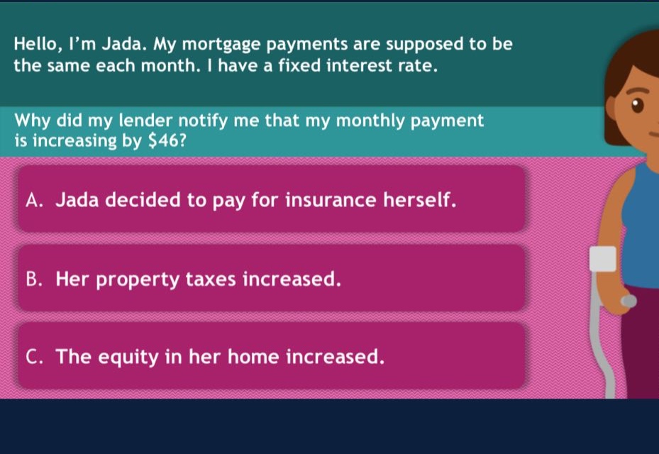hello, i’m jada. my mortgage payments are supposed to be the same each month. i have a fixed interest rate. why did my lender notify me that my monthly payment is increasing by $46? a. jada decided to pay for insurance herself. b. her property taxes increased. c. the equity in her home increased.