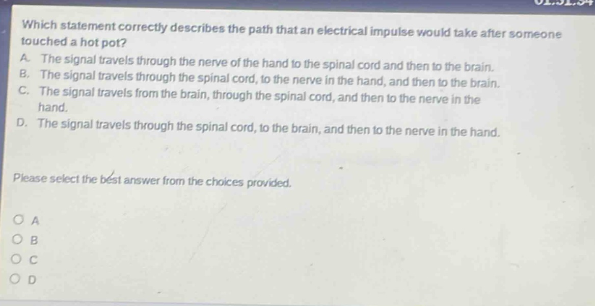 which statement correctly describes the path that an electrical impulse would take after someone touched a hot pot? a. the signal travels through the nerve of the hand to the spinal cord and then to the brain. b. the signal travels through the spinal cord, to the nerve in the hand, and then to the brain. c. the signal travels from the brain, through the spinal cord, and then to the nerve in the hand. d. the signal travels through the spinal cord, to the brain, and then to the nerve in the hand. please select the best answer from the choices provided. o a o b o c o d