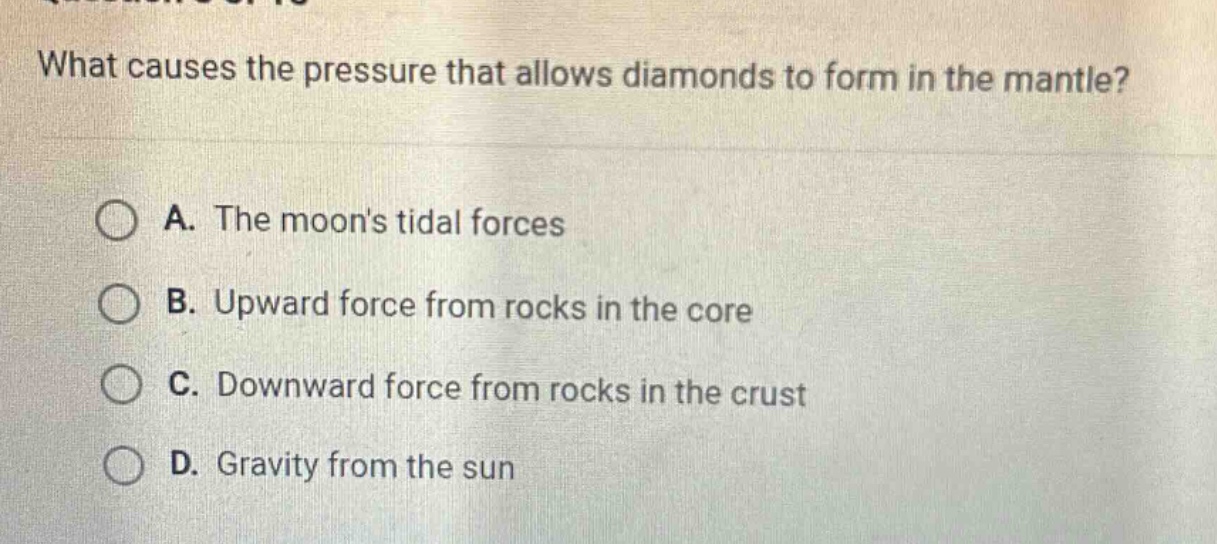what causes the pressure that allows diamonds to form in the mantle? a. the moons tidal forces b. upward force from rocks in the core c. downward force from rocks in the crust d. gravity from the sun