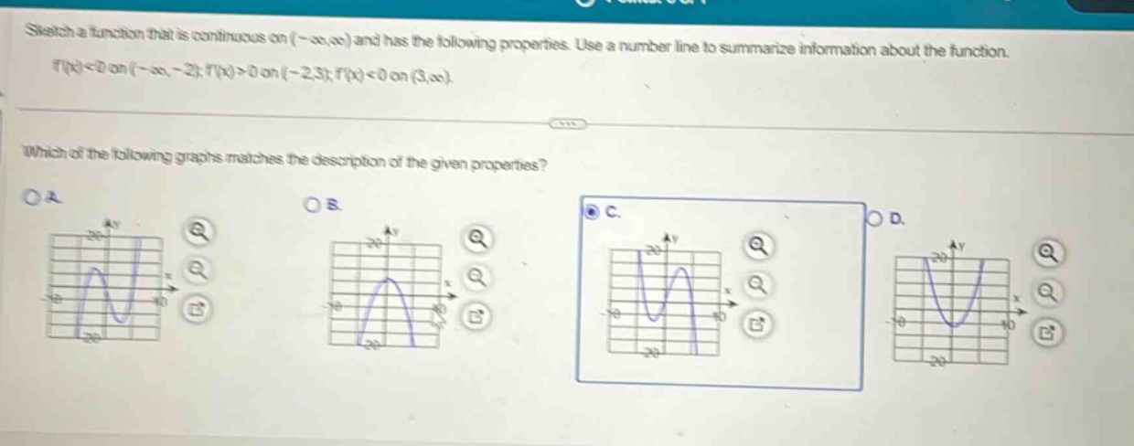 sketch a function that is continuous on (-∞,∞) and has the following properties. use a number line to summarize information about the function. f(x)<0 on (-∞,-2); f(x)>0 on (-2,3); f(x)<0 on (3,∞). which of the following graphs matches the description of the given properties?