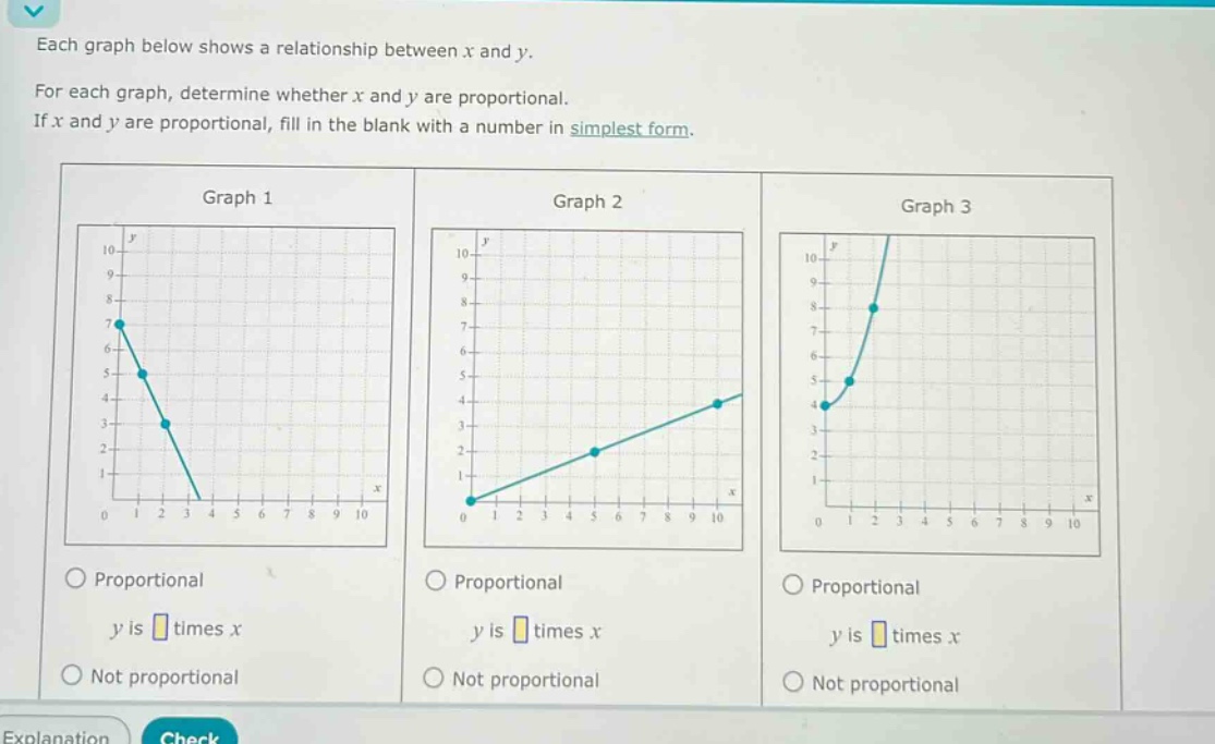 each graph below shows a relationship between x and y. for each graph, determine whether x and y are proportional. if x and y are proportional, fill in the blank with a number in simplest form. graph 1 graph 2 graph 3 proportional proportional proportional y is times x y is times x y is times x not proportional not proportional not proportional