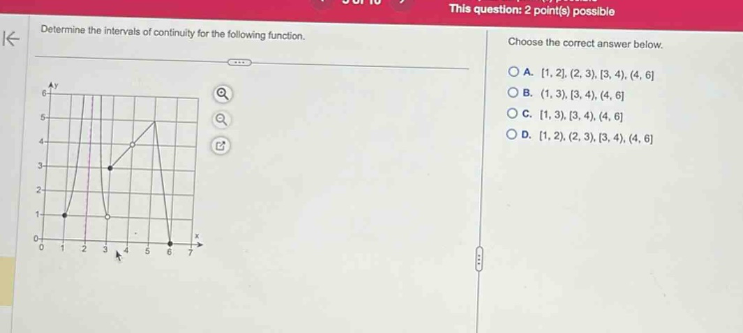 determine the intervals of continuity for the following function. choose the correct answer below. a. 1,2,(2,3),3,4),(4,6 b. (1,3),3,4),(4,6 c. 1,3),3,4),(4,6 d. 1,2),(2,3),3,4),(4,6