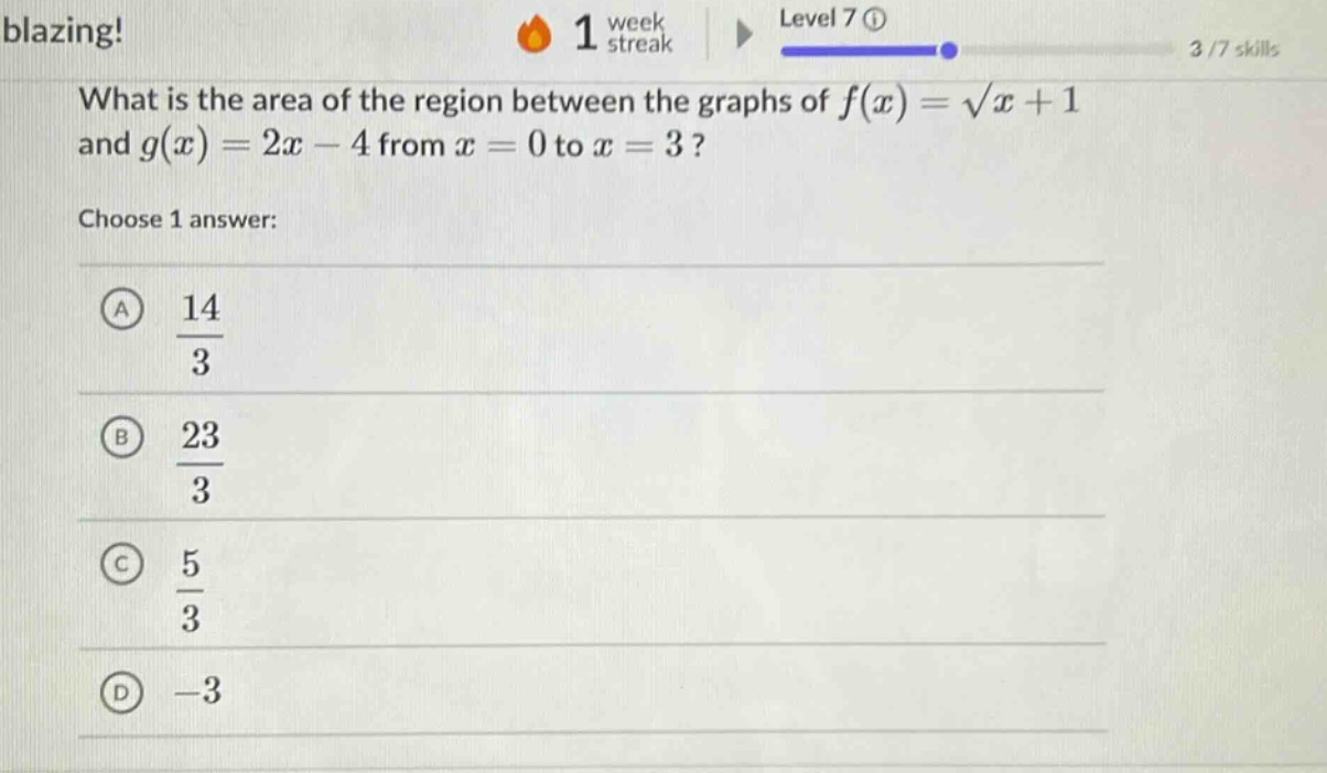 what is the area of the region between the graphs of f(x) = √x + 1 and g(x) = 2x - 4 from x = 0 to x = 3? choose 1 answer: a 14/3 b 23/3 c 5/3 d -3