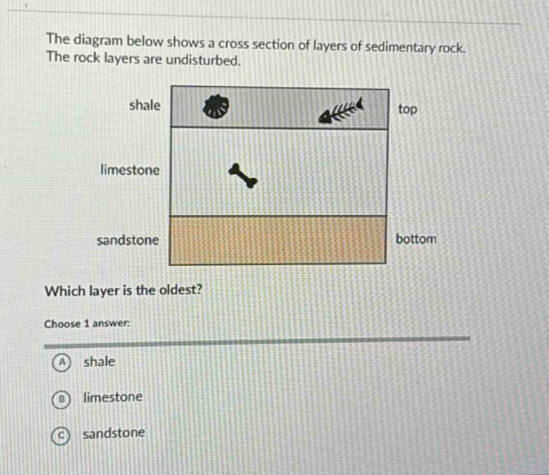 the diagram below shows a cross section of layers of sedimentary rock. the rock layers are undisturbed. shale top limestone sandstone bottom which layer is the oldest? choose 1 answer: a shale b limestone c sandstone