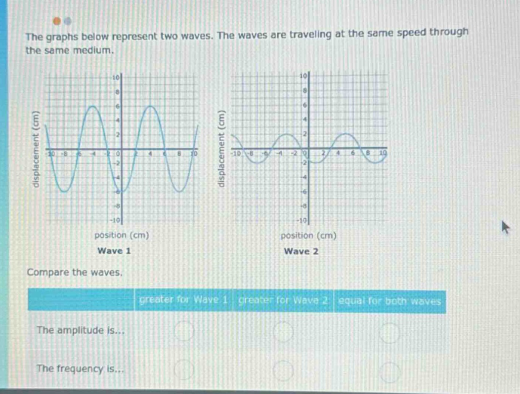 the graphs below represent two waves. the waves are traveling at the same speed through the same medium. compare the waves. the amplitude is... the frequency is...