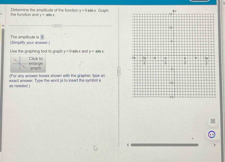 determine the amplitude of the function y = 9sin x. graph the function and y = sin x. the amplitude is 9. (simplify your answer.) use the graphing tool to graph y = 9sin x and y = sin x. click to enlarge graph (for any answer boxes shown with the grapher, type an exact answer. type the word pi to insert the symbol π as needed.)