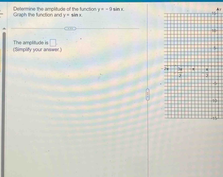 determine the amplitude of the function y = - 9 sin x. graph the function and y = sin x. the amplitude is. (simplify your answer.)