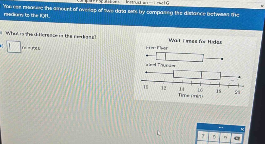 you can measure the amount of overlap of two data sets by comparing the distance between the medians to the iqr. what is the difference in the medians? minutes wait times for rides free flyer steel thunder 10 12 14 16 18 20 time (min)
