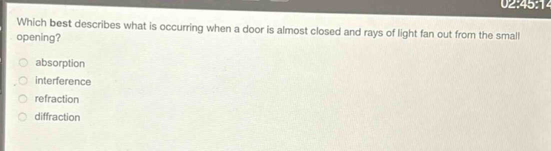 which best describes what is occurring when a door is almost closed and rays of light fan out from the small opening? absorption interference refraction diffraction