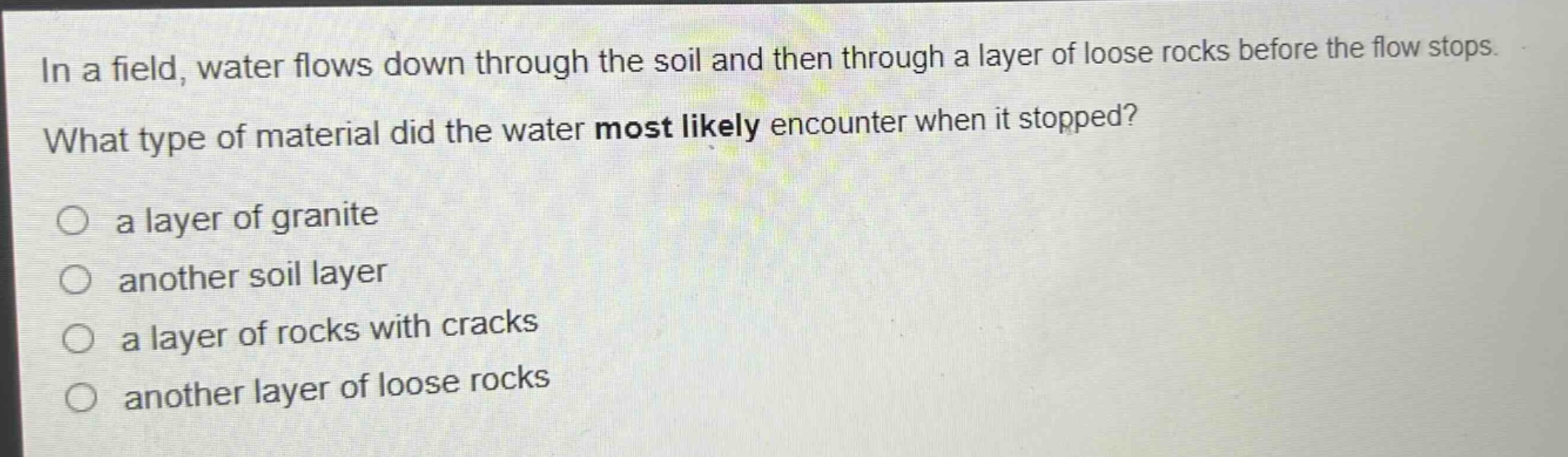 in a field, water flows down through the soil and then through a layer of loose rocks before the flow stops. what type of material did the water most likely encounter when it stopped? a layer of granite another soil layer a layer of rocks with cracks another layer of loose rocks