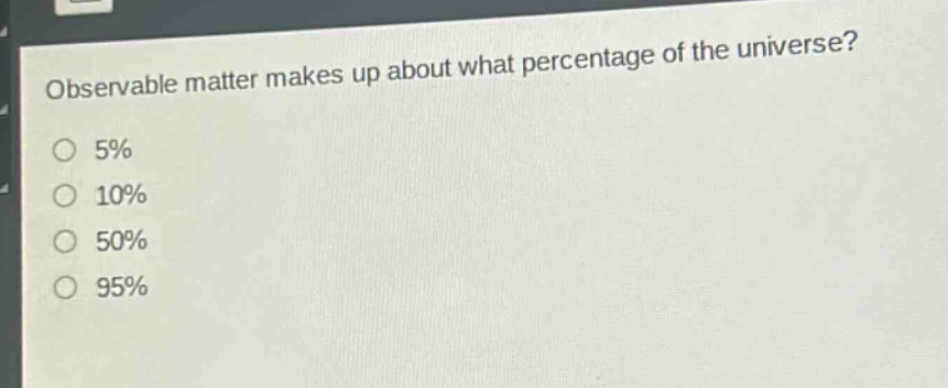 observable matter makes up about what percentage of the universe? 5% 10% 50% 95%