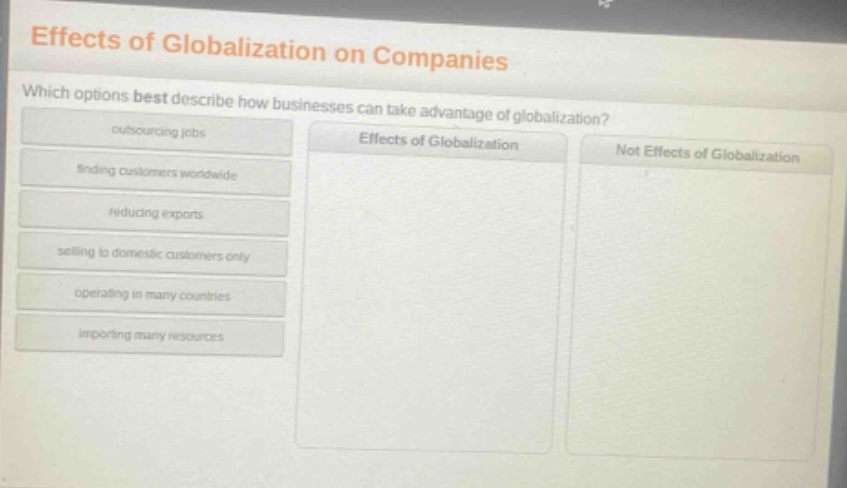 effects of globalization on companies which options best describe how businesses can take advantage of globalization? outsourcing jobs finding customers worldwide reducing exports selling to domestic customers only operating in many countries importing many resources effects of globalization not effects of globalization
