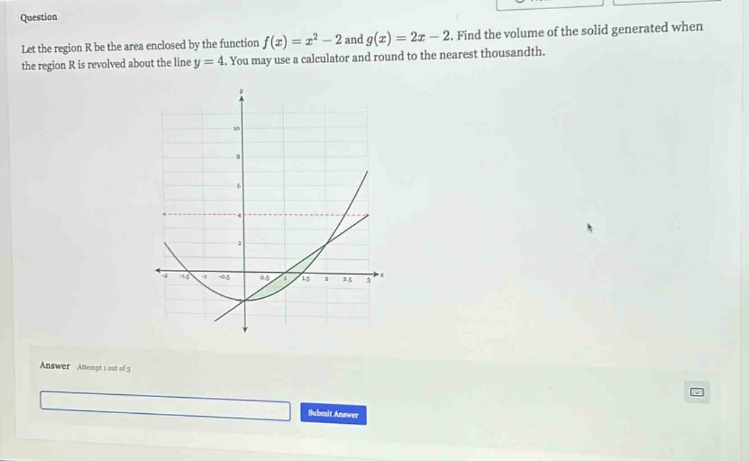 question let the region r be the area enclosed by the function f(x)=x² - 2 and g(x)=2x - 2. find the volume of the solid generated when the region r is revolved about the line y = 4. you may use a calculator and round to the nearest thousandth. answer attempt 1 out of 3 submit answer