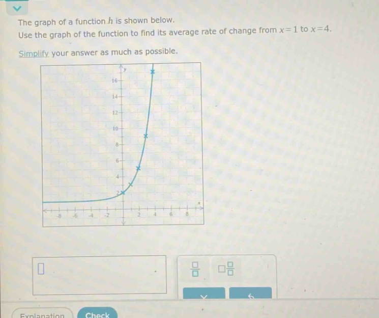 the graph of a function h is shown below. use the graph of the function to find its average rate of change from x = 1 to x = 4. simplify your answer as much as possible.