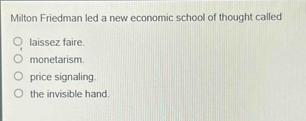 milton friedman led a new economic school of thought called laissez faire. monetarism. price signaling. the invisible hand.