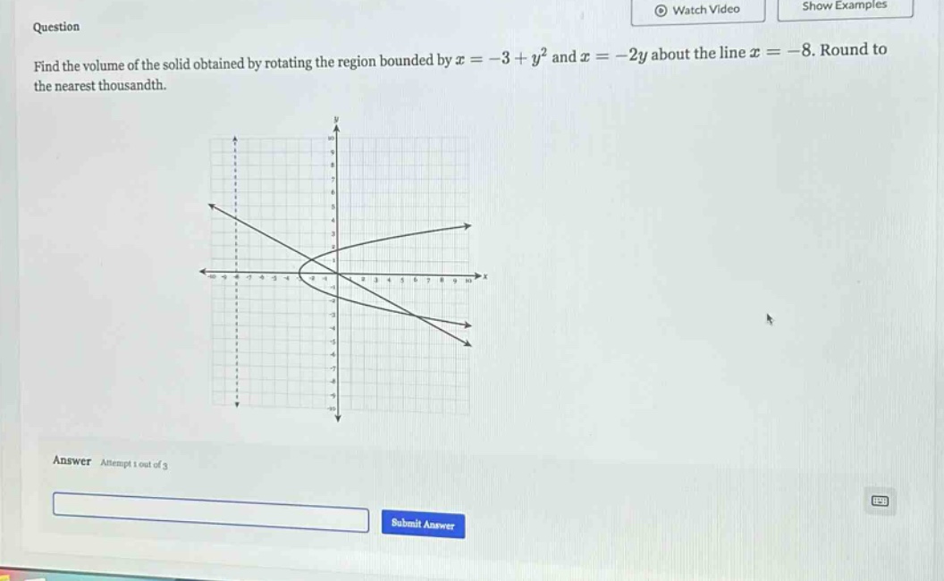 question find the volume of the solid obtained by rotating the region bounded by x = - 3 + y² and x = - 2y about the line x = - 8. round to the nearest thousandth. answer attempt 1 out of 3 submit answer
