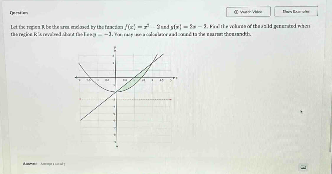 question let the region r be the area enclosed by the function f(x)=x² - 2 and g(x)=2x - 2. find the volume of the solid generated when the region r is revolved about the line y = -3. you may use a calculator and round to the nearest thousandth. answer attempt 1 out of 3