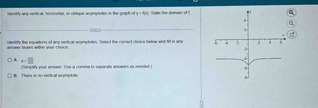 identify any vertical, horizontal, or oblique asymptotes in the graph of y = f(x). state the domain of f. identify the equations of any vertical asymptotes. select the correct choice below and fill in any answer boxes within your choice. a. x = (simplify your answer. use a comma to separate answers as needed.) b. there is no vertical asymptote.