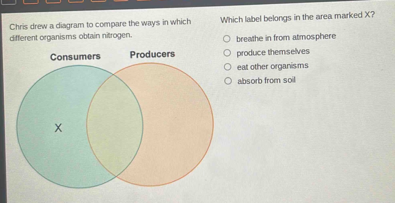chris drew a diagram to compare the ways in which different organisms obtain nitrogen. which label belongs in the area marked x? breathe in from atmosphere produce themselves eat other organisms absorb from soil consumers producers