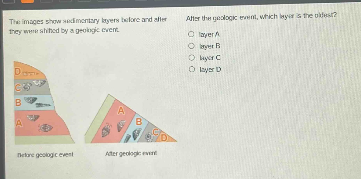 the images show sedimentary layers before and after they were shifted by a geologic event. after the geologic event, which layer is the oldest? layer a layer b layer c layer d before geologic event after geologic event