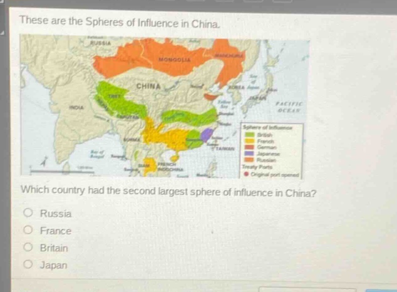 these are the spheres of influence in china. which country had the second largest sphere of influence in china? russia france britain japan