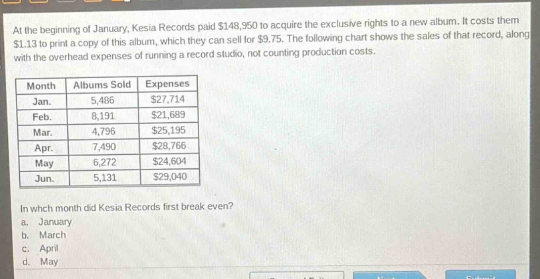 at the beginning of january, kesia records paid $148,950 to acquire the exclusive rights to a new album. it costs them $1.13 to print a copy of this album, which they can sell for $9.75. the following chart shows the sales of that record, along with the overhead expenses of running a record studio, not counting production costs. month albums sold expenses jan. 5,486 $27,714 feb. 8,191 $21,689 mar. 4,796 $25,195 apr. 7,490 $28,766 may 6,272 $24,604 jun. 5,131 $29,040 in which month did kesia records first break even? a. january b. march c. april d. may