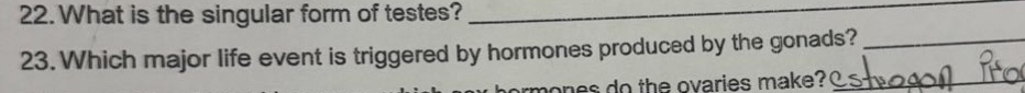 22.what is the singular form of tests?____ 23.which major life event is triggered by hormones produced by the gonads?