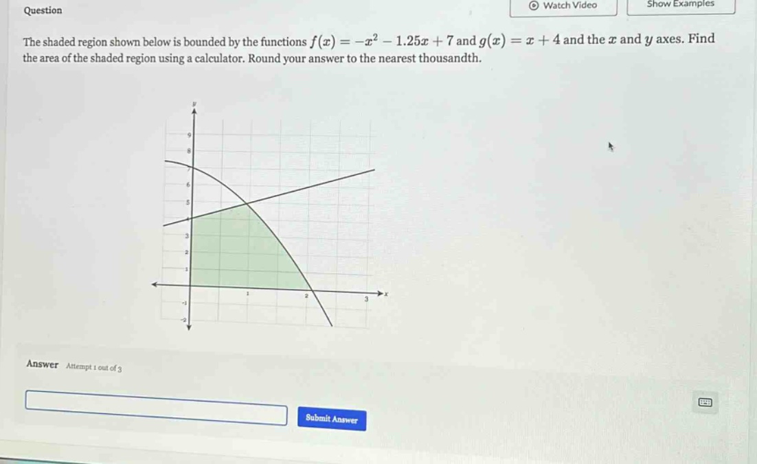 question the shaded region shown below is bounded by the functions f(x)=-x² - 1.25x + 7 and g(x)=x + 4 and the x and y axes. find the area of the shaded region using a calculator. round your answer to the nearest thousandth. answer attempt 1 out of 3